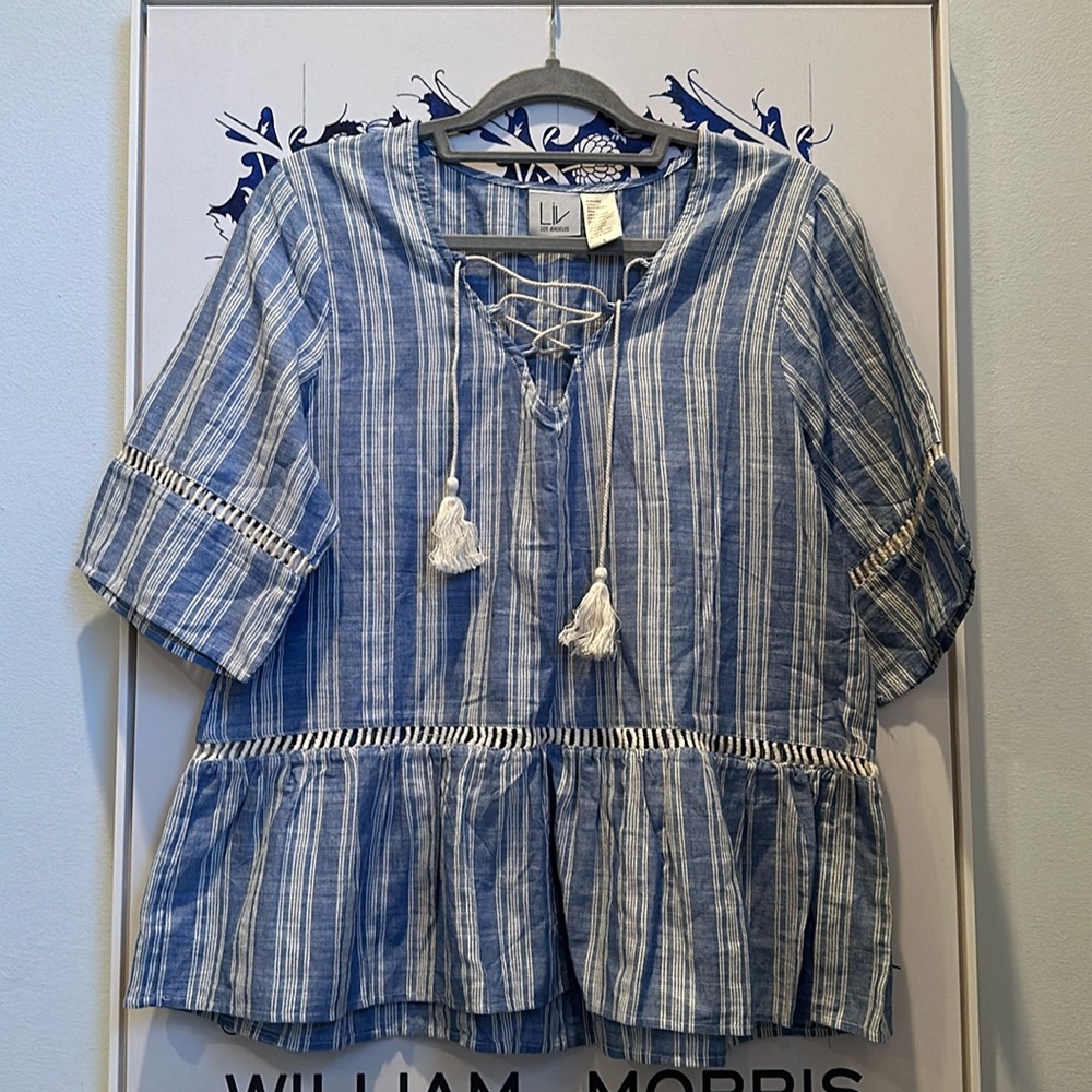 Cotton linen striped blouse with tassel trim